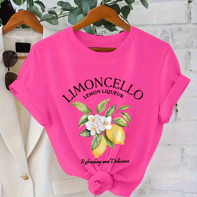 

Limoncello Graphic Neck T-shirt, Casual Polyester Knit Fabric Top, Alphabet Patterned Tee, Regular Length, 180g/m², For Women, Wear