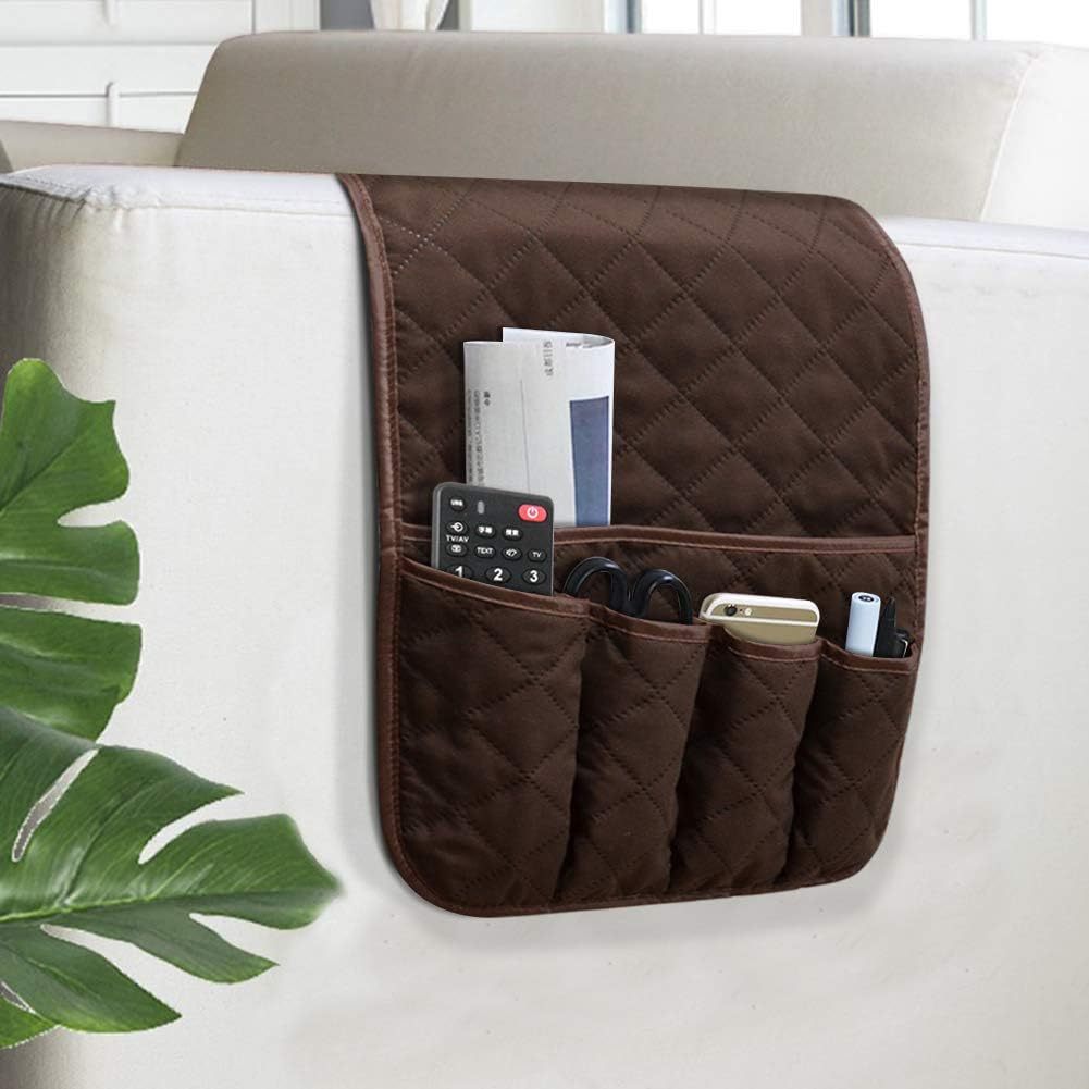 QUUPY Sac Rangement Accoudoir Canapé - Organisateur Télécommande, Téléphone, Tablette | Marron - Antidérapant