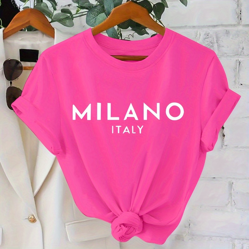 

Women's Casual Polyester T-shirt With Italy Letter Print, Short Sleeve Crew Neck, Knit Fabric Top For All , Regular Length - 180gsm