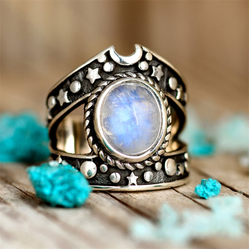 

1pc Delicate Small Star Moon Hollow Geometric Bohemian Vintage Stainless Steel Antique Silver Color Ring Women Daily Party Holiday Banquet