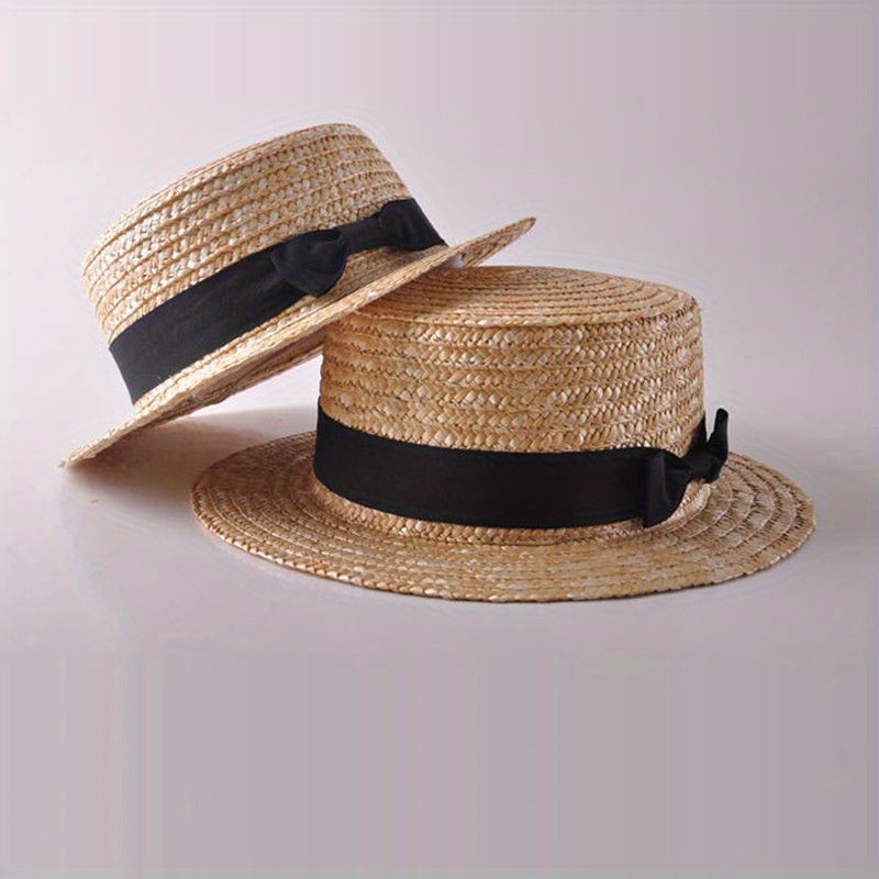 Boho Ribbon Accent Straw Panama Hat chic mother daughter matching straw hats black ribbon accent  main image 2