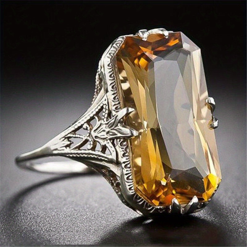 

1pc Elegant Inlaid Yellow Gemstone Hollow Pattern Fashion Copper Silvery Ring For Women's Party Birthday Gift Size 6