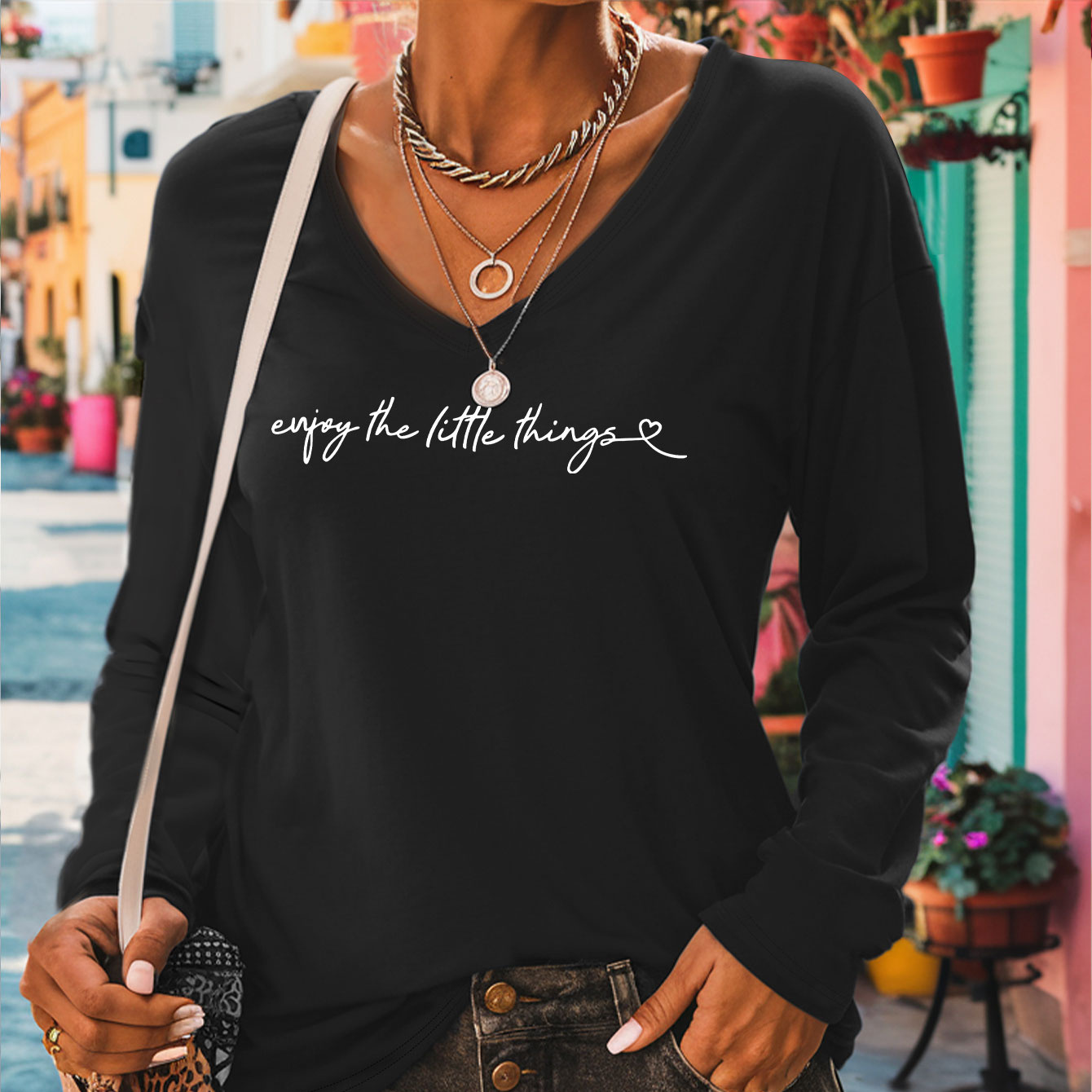 

Letter Print T-shirt, Long Sleeve V Neck Casual Top For Spring & Fall, Women's Clothing