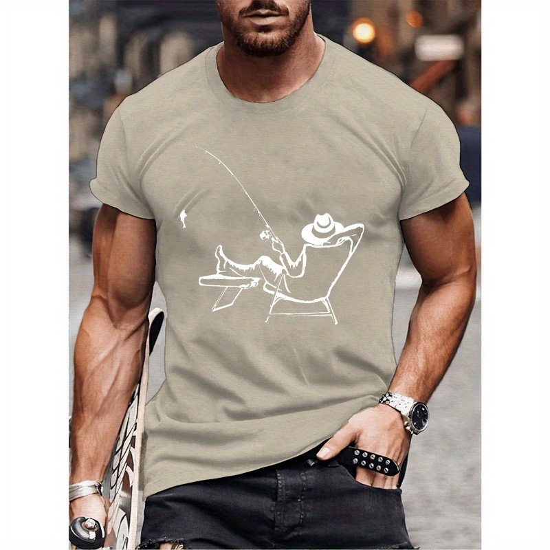 

Relaxation Serene Fishing Scene Print Men's Casual Polyester Round Neck T-shirt, Stylish Summer Short Sleeve Sportswear