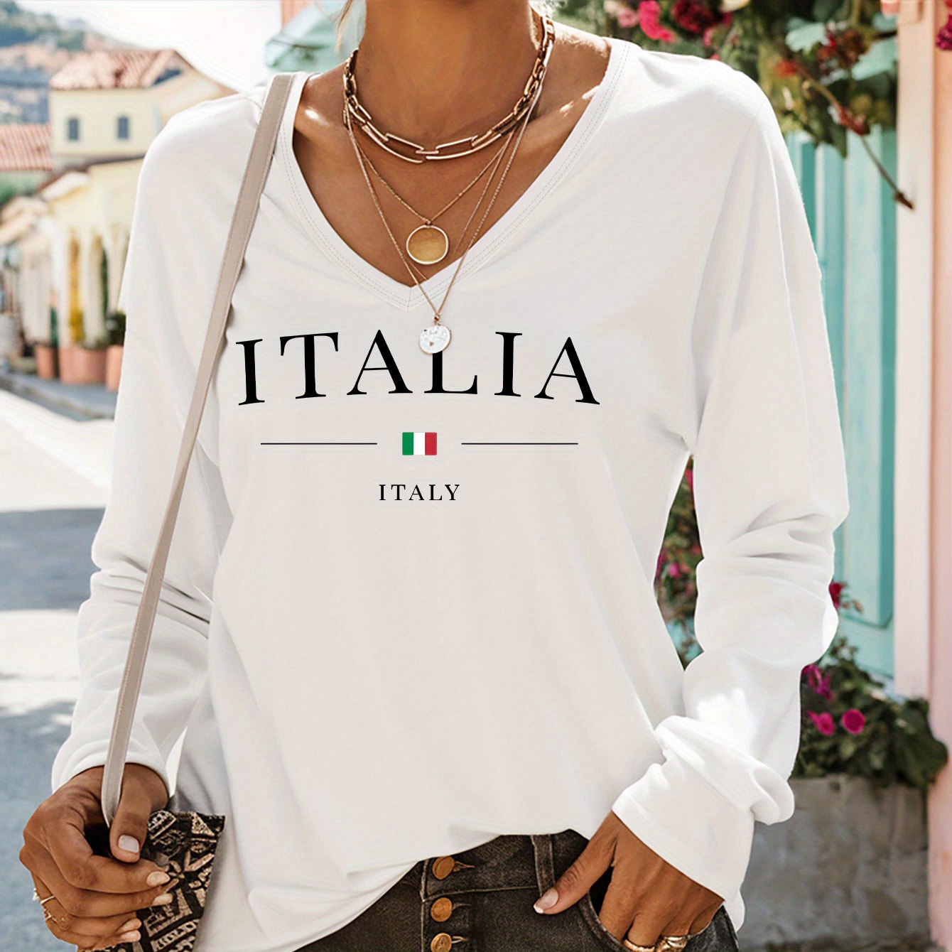 

T-shirt à lettres ITALIA, haut décontracté à manches longues et col rond pour et , vêtements pour femmes.