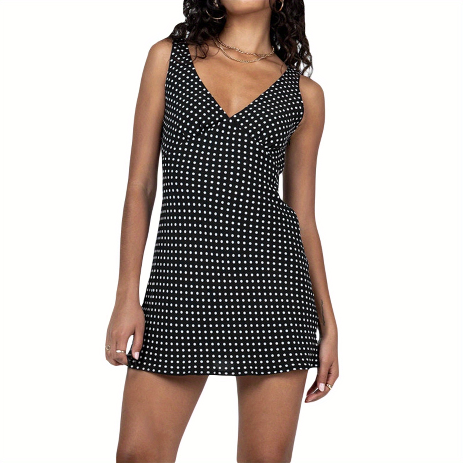 

Women Dresses, Sleeveless V Neck Dot Print Casual Club Party High Waist Drawstring Dresses