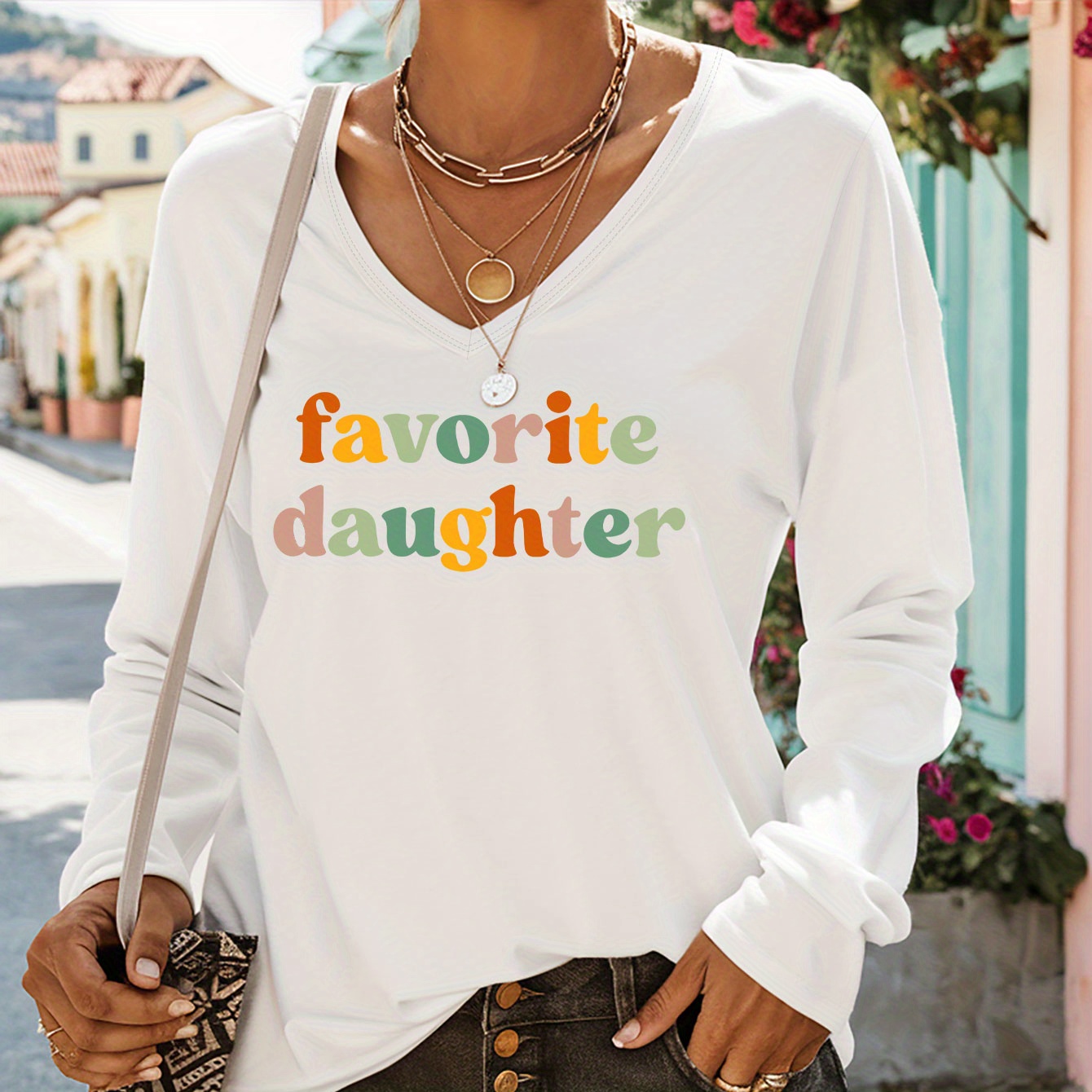 

Daughter Print T-shirt, Long Sleeve V Neck Casual Top For Spring & Fall, Women's Clothing