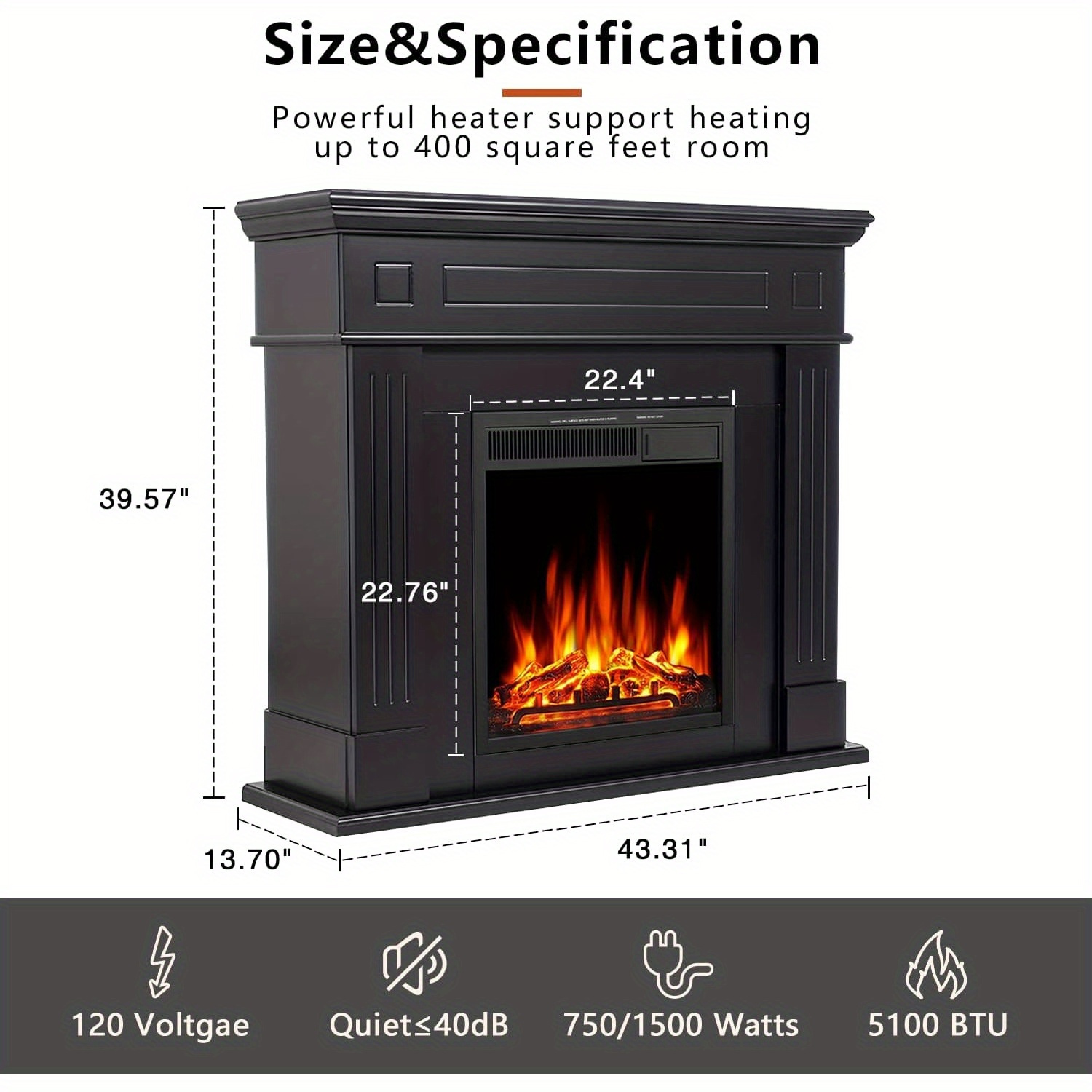 

43" Electric Fireplace With Wooden & Tv Stand - Adjustable Led Flame, Remote Control, 1500w Heating Power, Quiet , In Black, Brown, Cream, , Living Room Furniture|classic Design| Construction