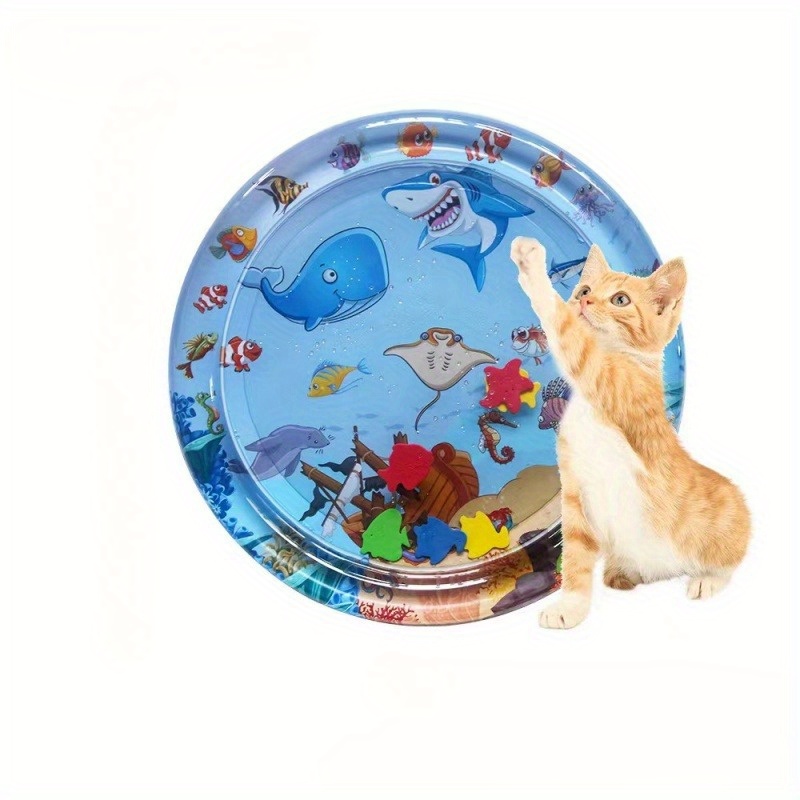 

1pc Interactive Cat Feeding Mat - Polyethylene Inflatable Pet Cooling Pad With Fish-themed Play Zone, Foldable & Portable Water-filled Bed For Cats, Scratch-resistant & Leakproof Cooling Mat