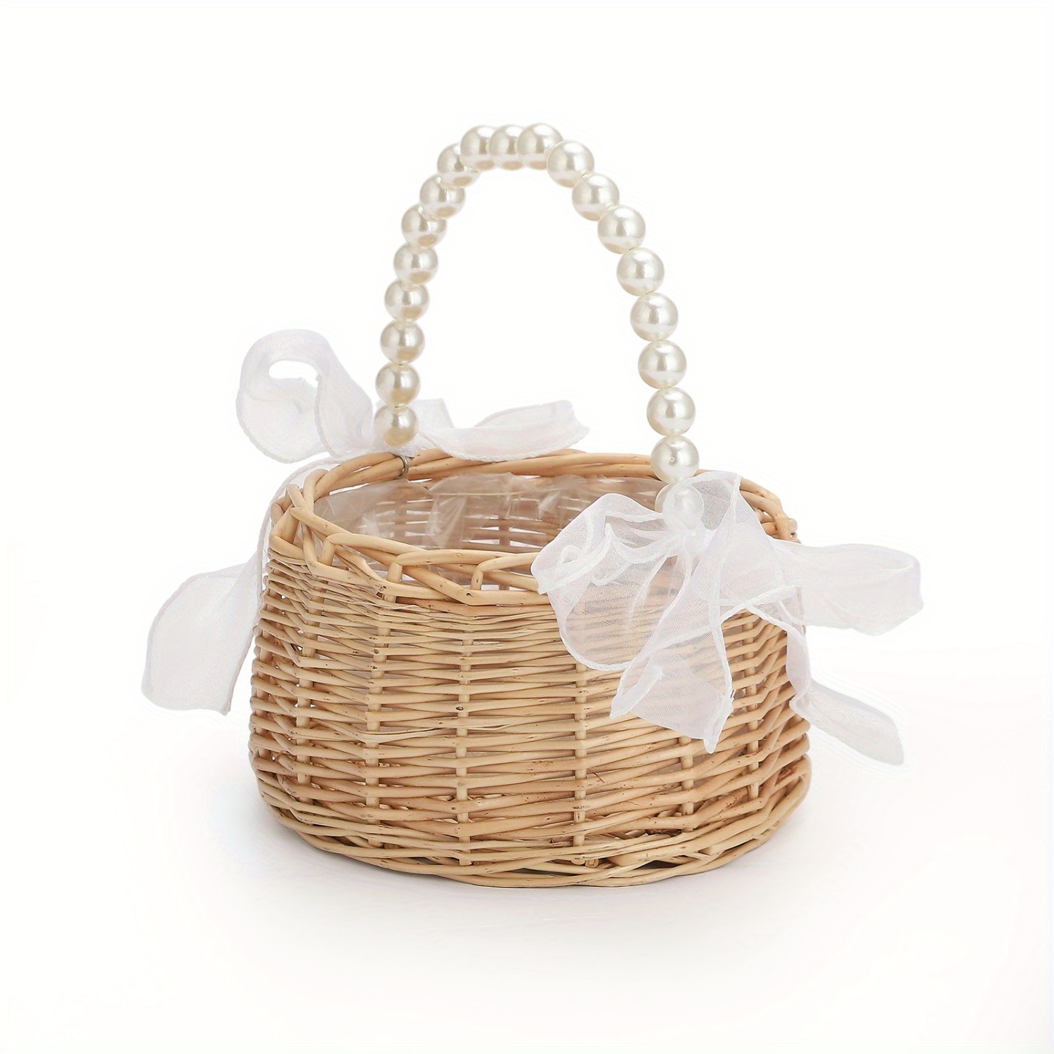 

Wicker Rattan Basket Wedding Basket With Pearl Handle And Bow Fairy Easter Basket Wicker Basket For Wedding (brown)