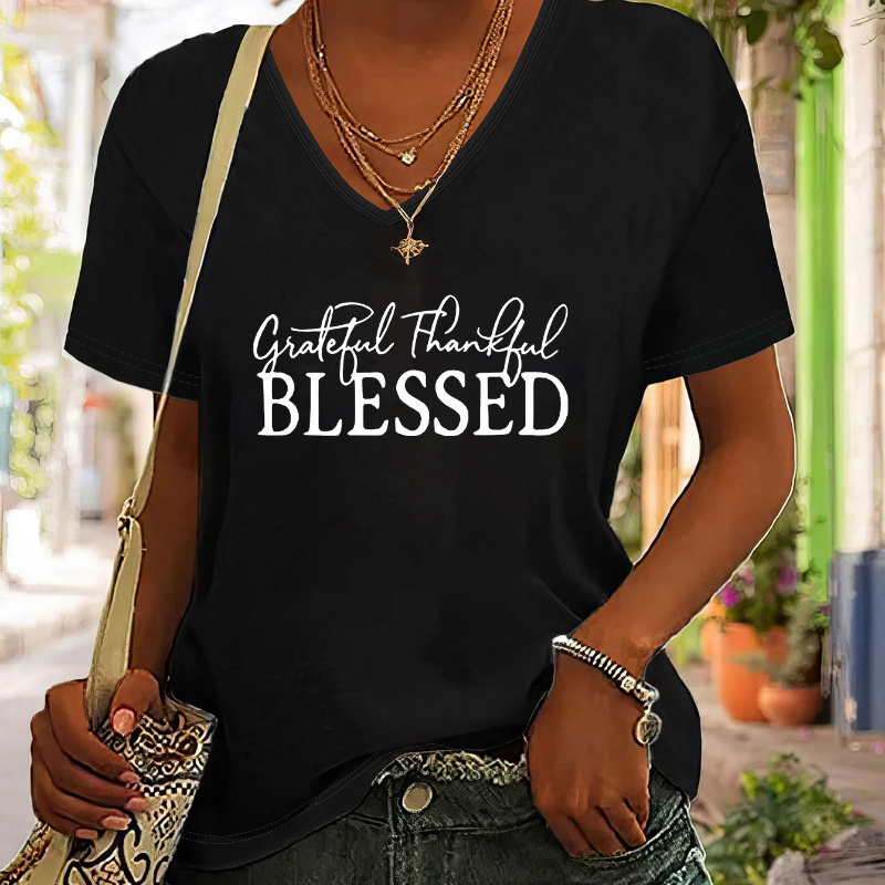 

Plus Size Blessed Print V Neck T-shirt, Casual Short Sleeve T-shirt For Spring & Summer, Women's Plus Size Clothing