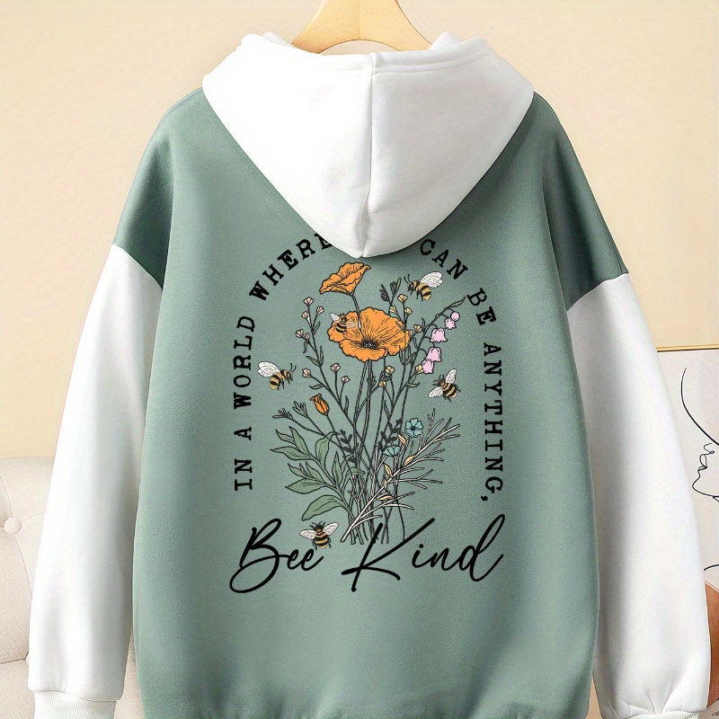 

Floral & Letter Print Hoodie, Drawstring Color Block Kangaroo Pocket Casual Hooded Sweatshirt For Winter & Fall, Women's Clothing