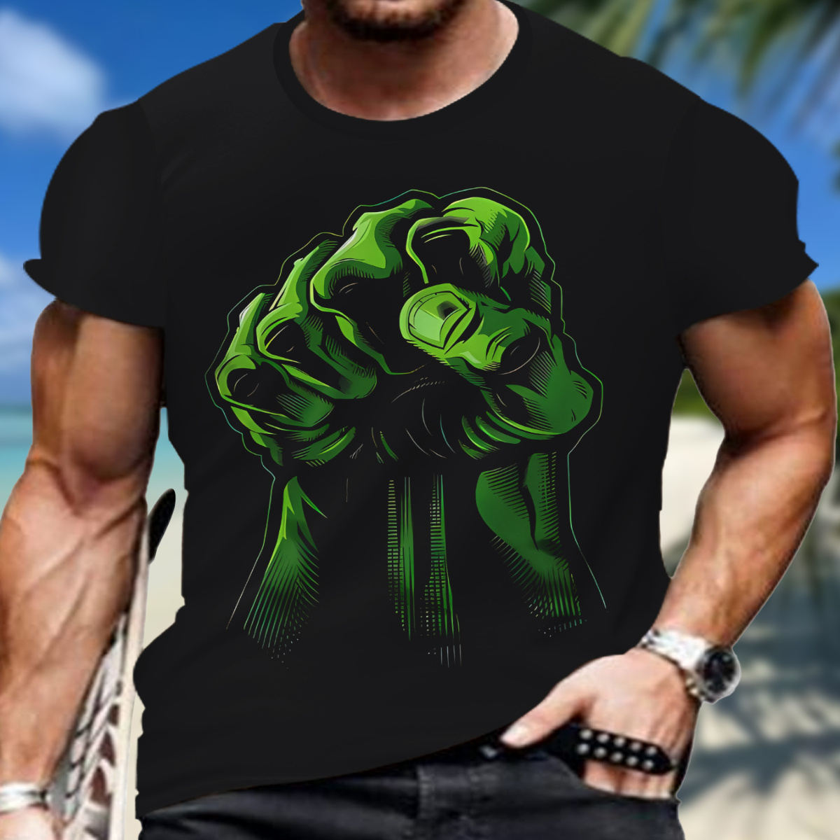 

Men's Fist Graphic Print T-shirt, Short Sleeve Crew Neck Tee, Men's Clothing For Summer Outdoor