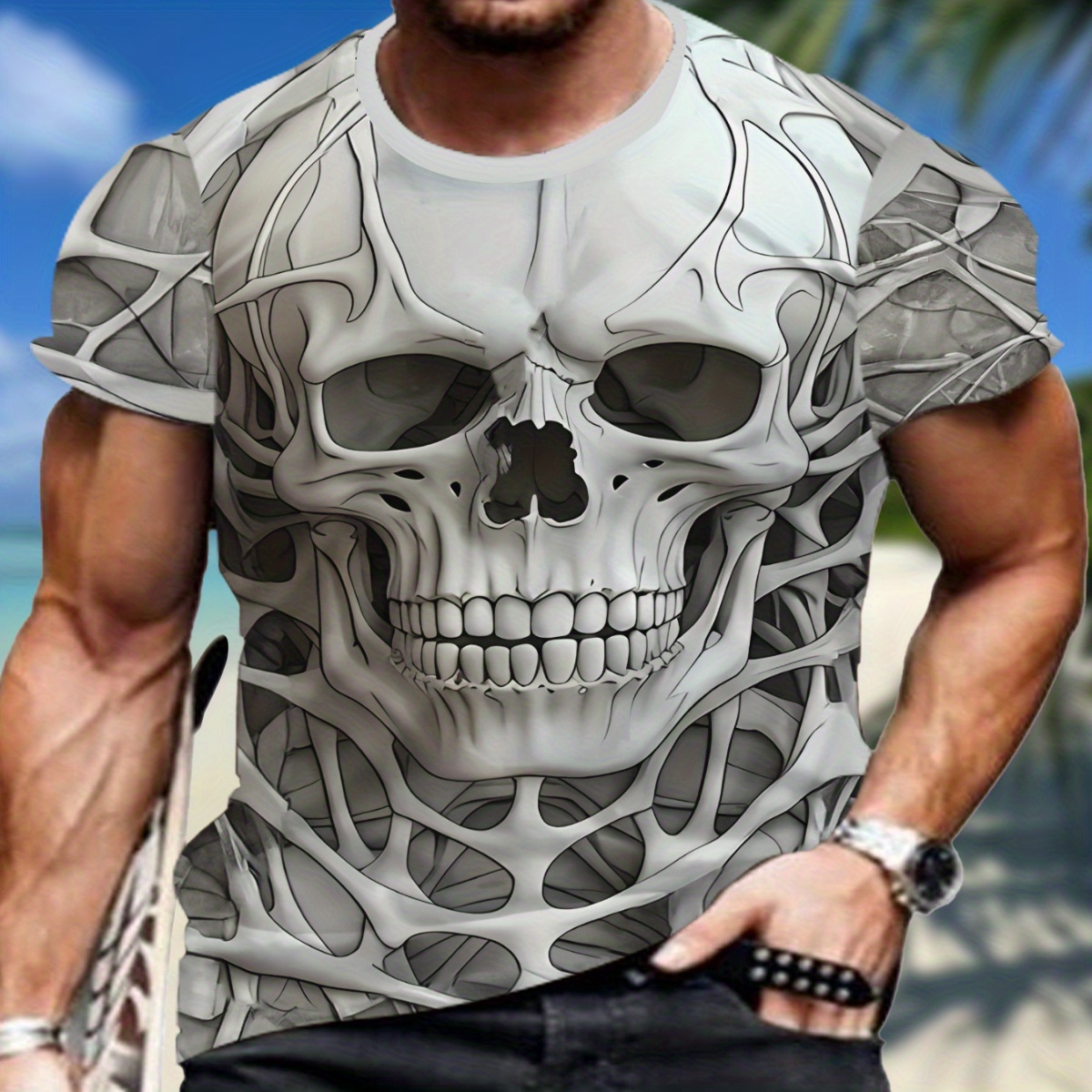 

Men's Skull Graphic Print T-shirt, Short Sleeve Crew Neck Tee, Men's Clothing For Summer Outdoor