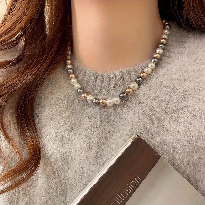 TEMU Mixed Color Pearl Necklace Women's Personality Light Luxury High Sense Choker Collarbone Chain Accessories