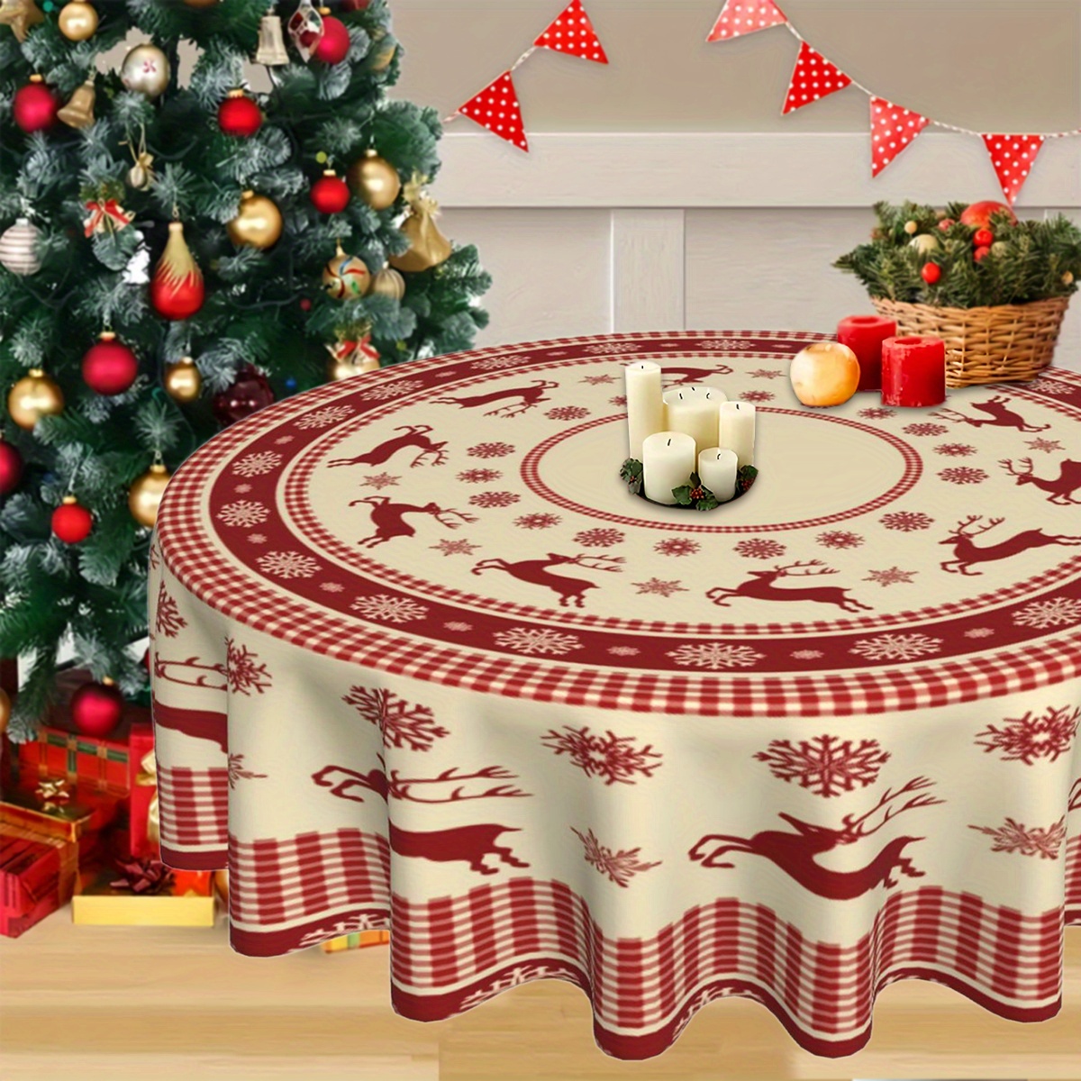 

Merry Christmas Reindeer & Round Tablecloth - Stain-resistant, Washable Microfiber, Holiday Parties & Home Decor