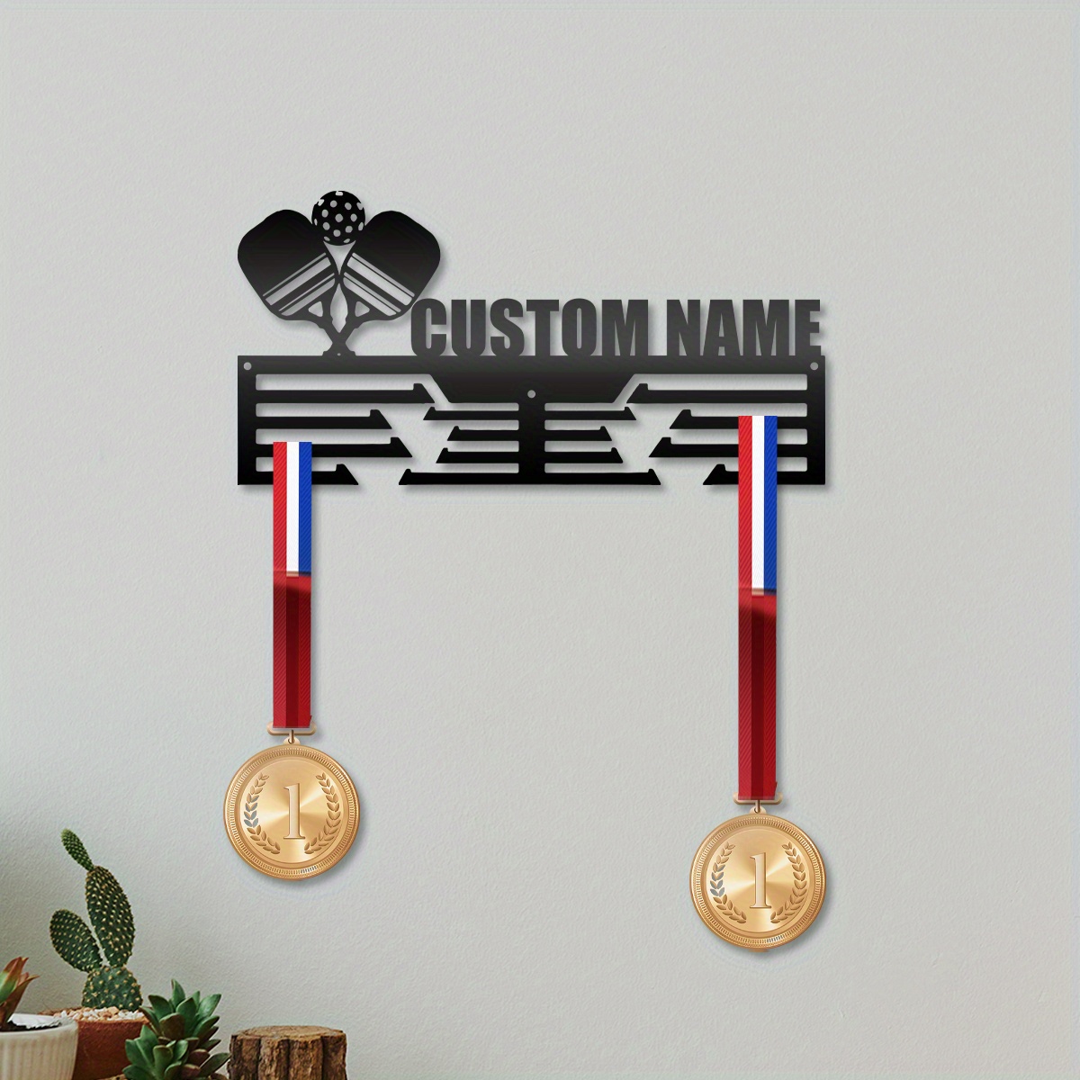 

Custom Pickleball Medal Hanger: Metal Wall Art For Indoor Or Outdoor Use - Pickleball Medal Holder With Personalized Name Plate