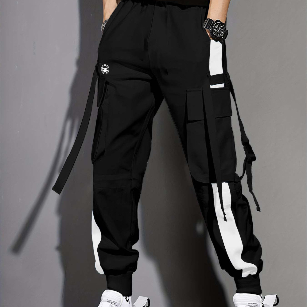

Street Style Men's Color Blocked Footed Cargo Pants With Multi-pocket Ribbon Design For Summer Casual Daily Wear