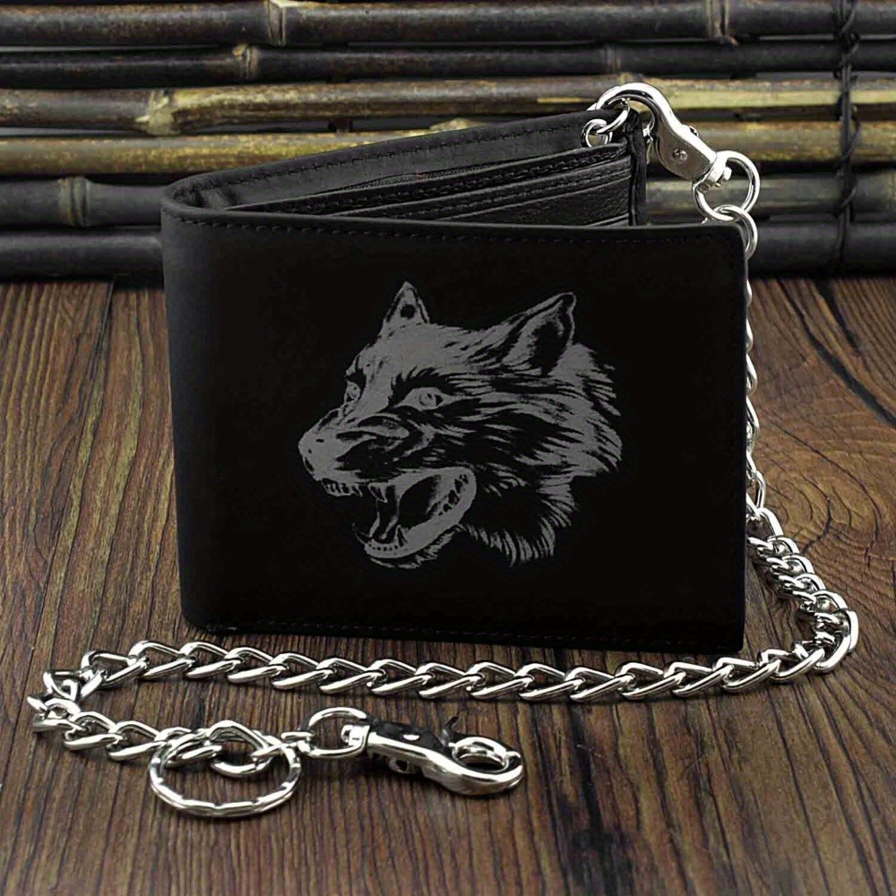 

Wolf Design Pu Leather Mens Bi-fold Wallet Black W/biker Long Chain