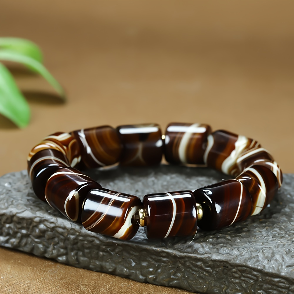 

Vintage Style Agate Beaded Bracelet – Barrel-shaped Polished Natural Stone Stretch Jewelry For Men And Women