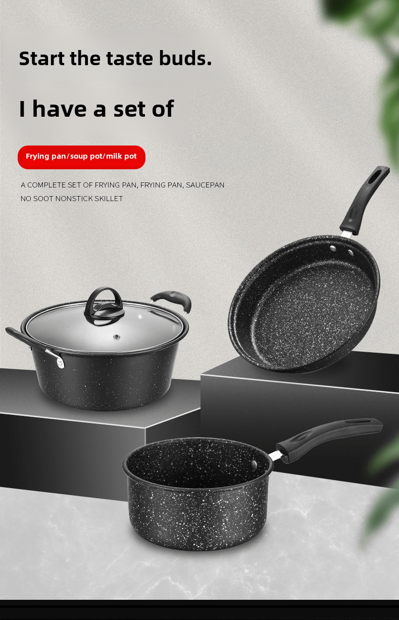 3pcs maifan stone non stick cookware set cast iron wok soup pot frying pan combo for kitchen and dining details 3