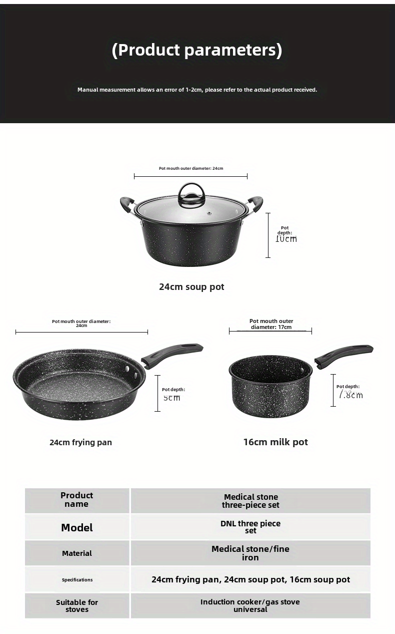 3pcs maifan stone non stick cookware set cast iron wok soup pot frying pan combo for kitchen and dining details 10