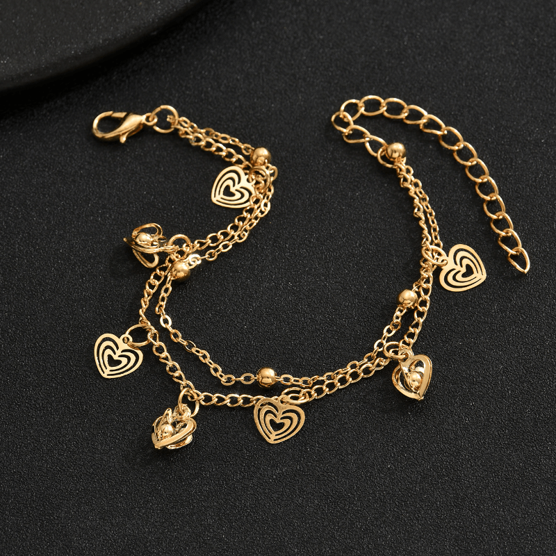 

1pc Stainless Steel Golden Color Hollow Love Inlaid Zirconia Double Anklet Ladies Daily Beach Beach Summer Wear