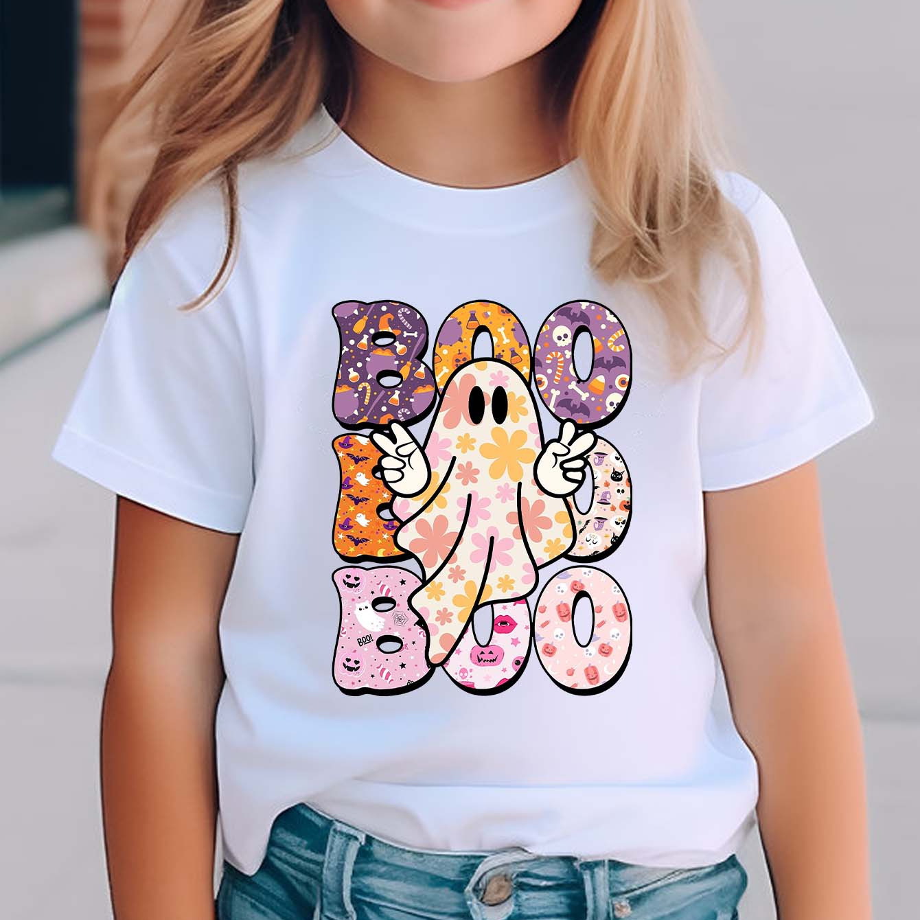 

Girls' Cotton Casual Knit T-shirt, Floral 'boo' & Ghost Print, Short Sleeve, Round Neck, Machine Washable, Summer Wear