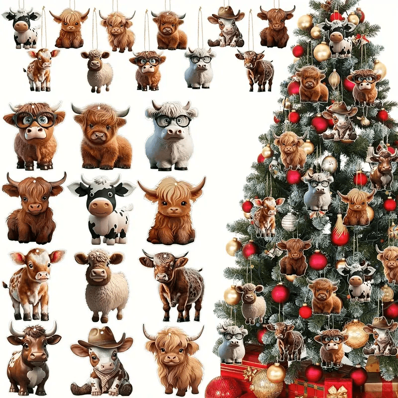 

24pcs, Christmas Tree Ornaments Cute Acrylic Highland Cow Hanging Ornaments Cartoon Cow Decoration Pendant Car Backpack Pendant For Decoration Arrangement, Navidad, Christmas Ornaments