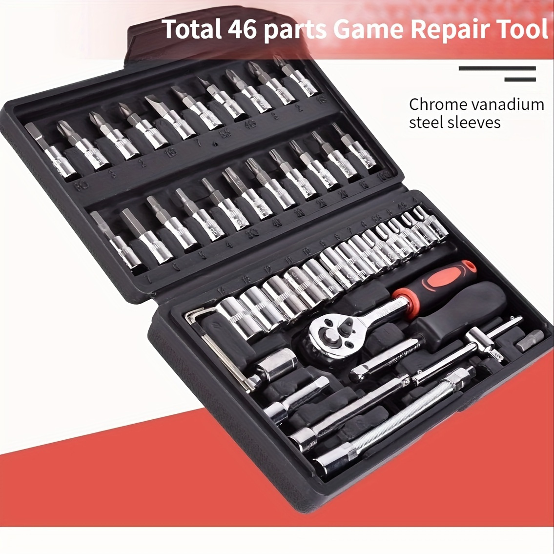 46 piece 1 4 inch drive socket ratchet wrench set with metric sockets and extension bars suitable for automotive repair and home use comes with storage case details 0