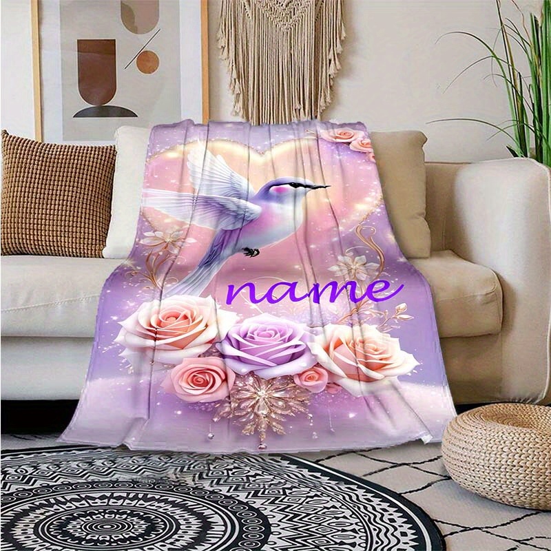 

Personalized Name Blanket With Hummingbird And Floral Design - Customizable Polyester Soft Blanket For All Seasons, Ideal For Travel, Home, And Outdoor Use - Machine Washable Chunky Knit Throw