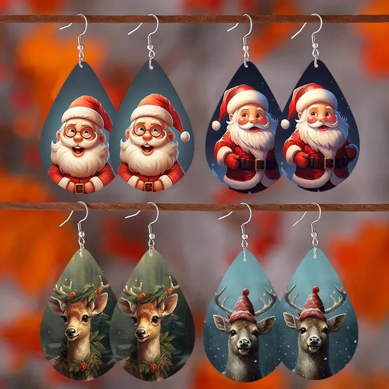 

4pairs Cartoon Christmas Teardrop Earrings, Cute Santa Claus Women Wooden Dangle Jewelry For Girls, 2024 New Year's Gifts