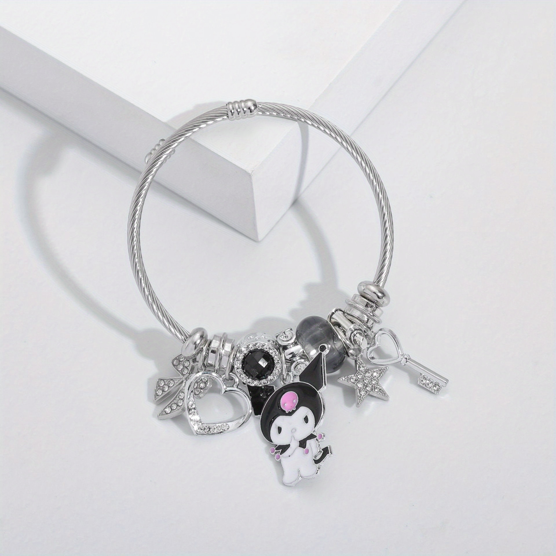 TEMU [authorized] Stainless Steel Cute Cartoon Opening Adjustable Beaded Bracelet Jewelry