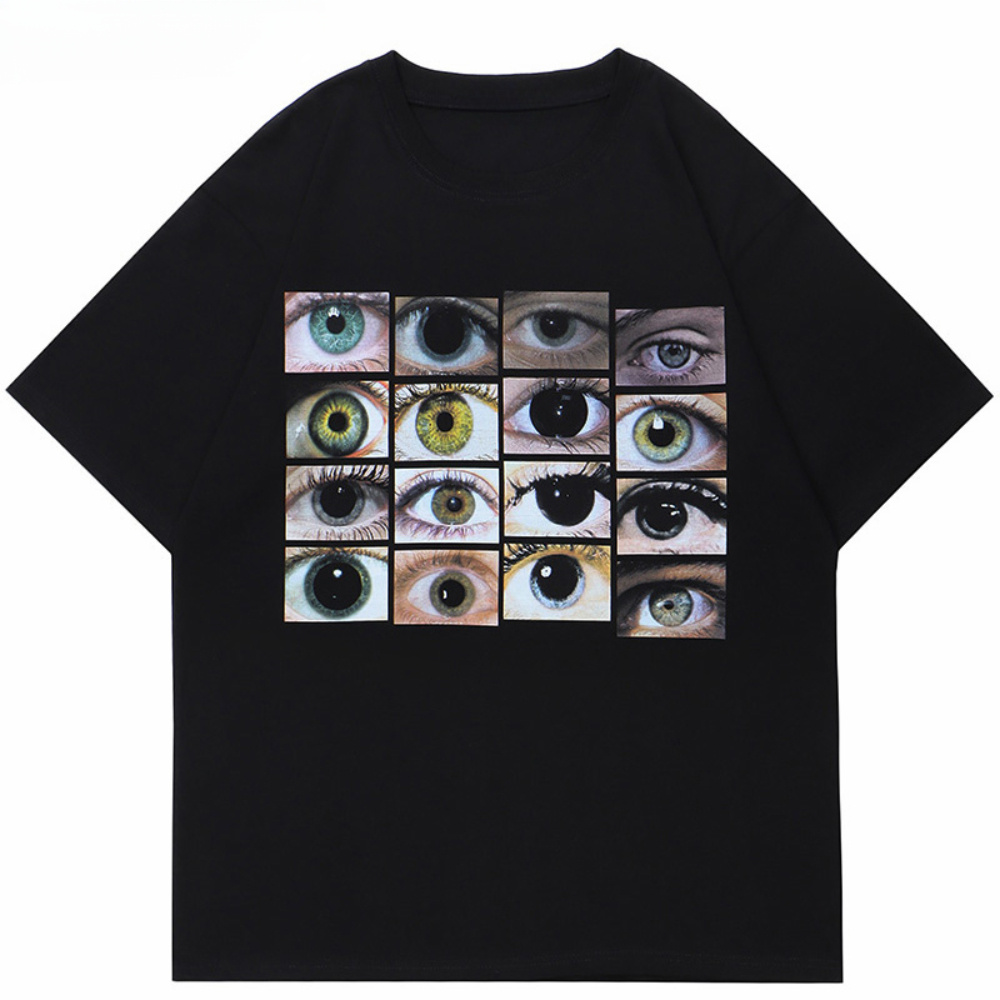 

Streetwear T Shirt Eyes World Graphic Harajuku Cotton Tshirt Summer Short Sleeve Tops Tees Black Unisex