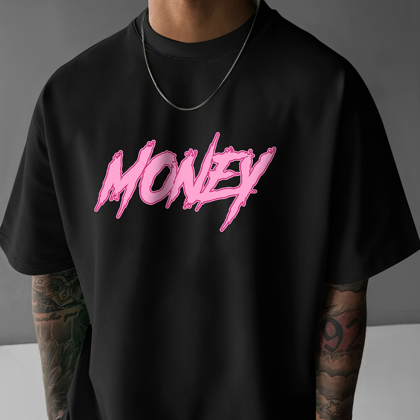

Money Colored Print, Men's Short Sleeve Round Collar Street Style T-shirt For Summer & Spring