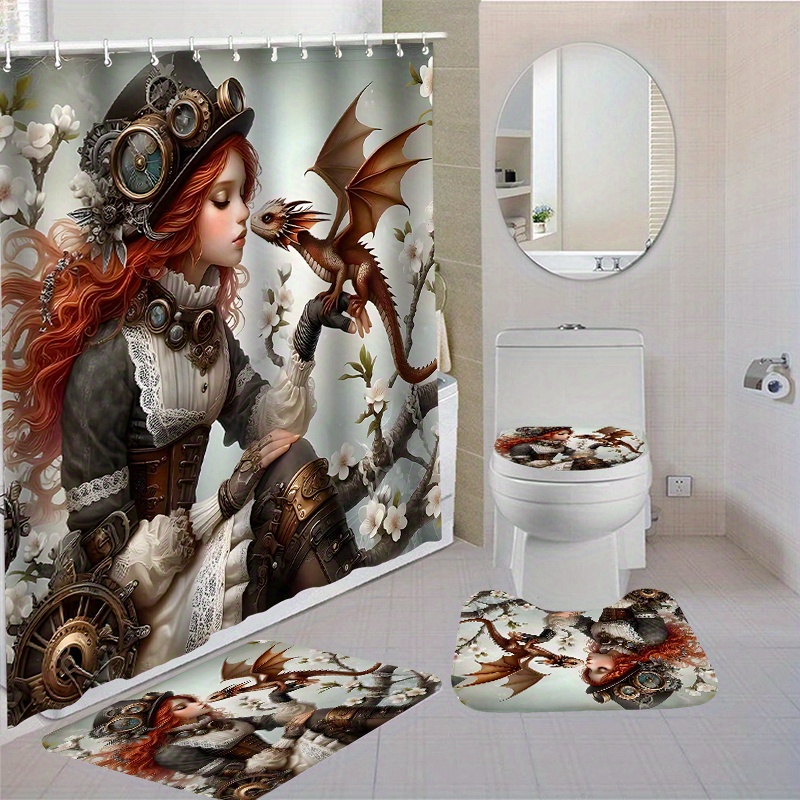 

Vintage Steampunk Bathroom Set: 1pc/4pcs Waterproof Shower Curtain With 12 Hooks, Toilet Seat Covers, Bath Mats, And Rugs - Polyester Fabric, Washable, And Non-slip