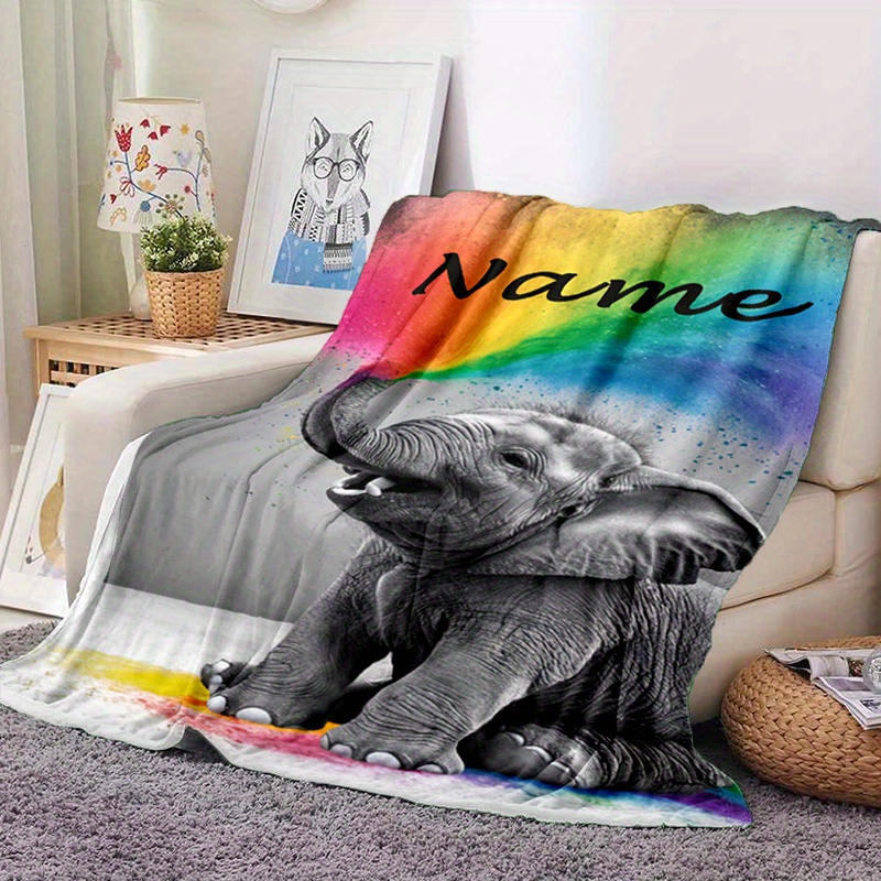 TEMU Custom Name Elephant Flannel Throw Blanket - Personalized Soft Warm Knitted Polyester Bed Sofa Blanket, Digital Print Cartoon Theme, All Seasons - High Quality, Durable, No Shedding, Gentle & Smooth