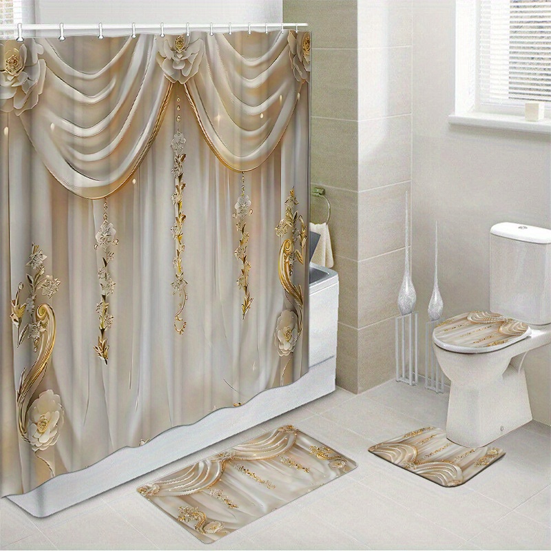 

1pc/4pcs Waterproof Shower Curtain Set With 12 Hooks And Bath Mats Toilet Covers Seat For Bathroom Non-slip Rug Carpet Polyester Fabric Curtain For Windows Bathroom Accessories Home Decor