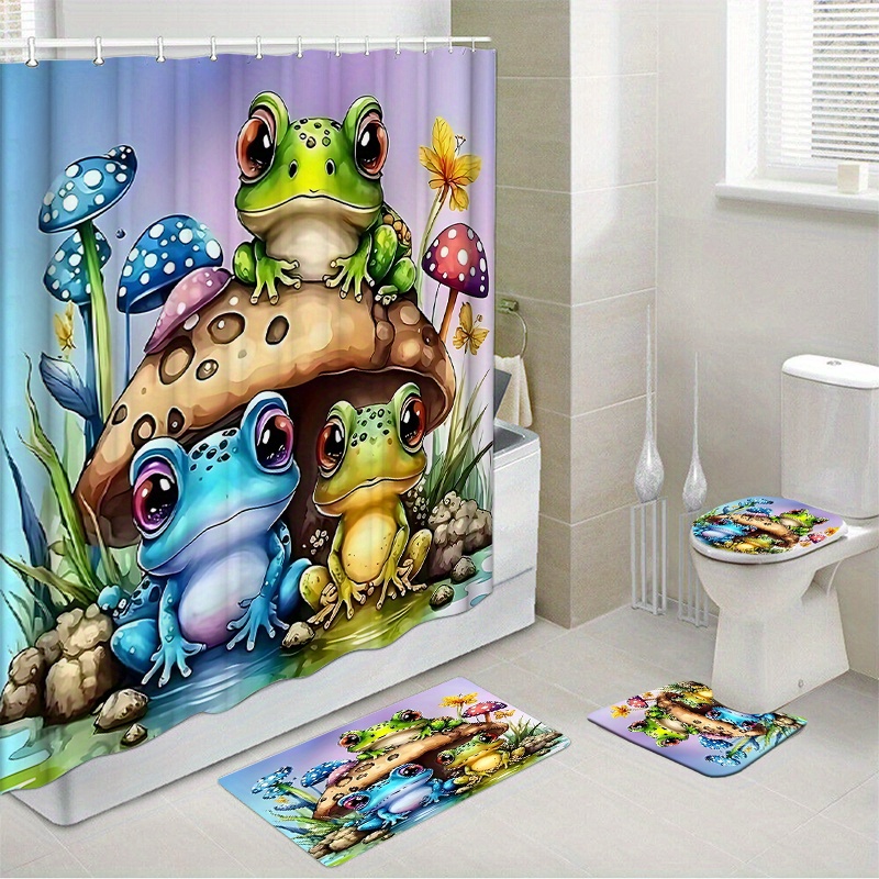 

Water-resistant Woven Polyester Shower Curtain Set With Hooks – Fashionable Frog Themed Bathroom Decor With Non-slip Mat, Toilet Lid Cover, And Rug Carpet – Dry Clean Only Bathroom Accessories Set