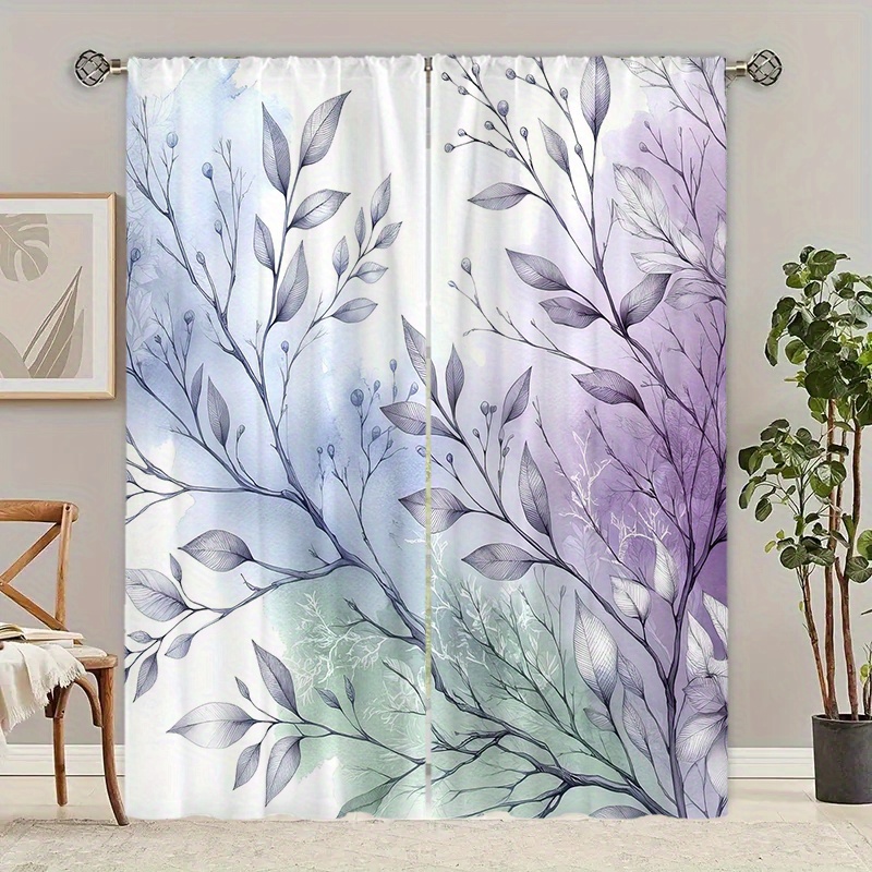 

2pcs Set Modern Blackout Curtains With Plant Leaf Design - Uv Resistant Polyester, Machine Washable For Living Room, Bedroom, Kitchen & Farmhouse Decor, Room Decoration, Home Decoration