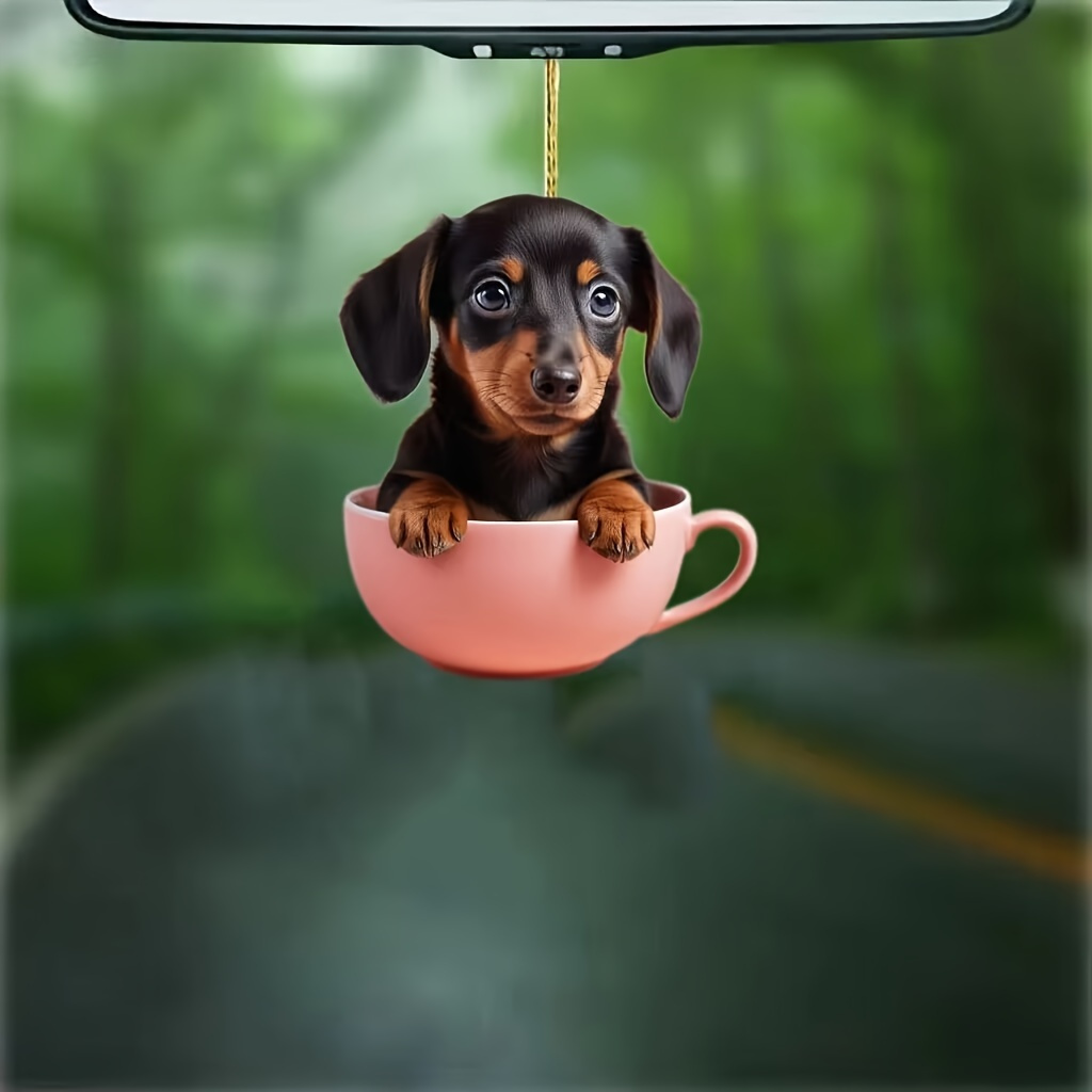 

Acrylic Dachshund Dog In Teacup Hanging Ornament, 1pc Sausage Dog Keychain For Backpacks & Party Decor, Cute Pendant Accessory For Mirror & Festive Decoration