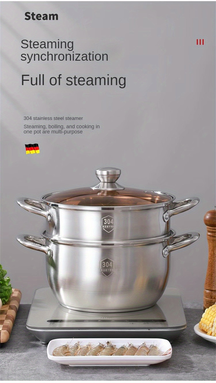 3pcs stainless steel cookware set versatile steamer soup pot with double layer design   and serving details 0