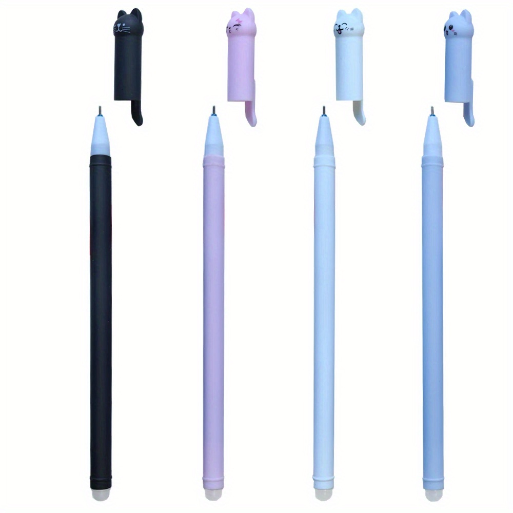 

4pcs Erasable Gel Pens With Cat Toppers, 0.5mm Fine Point, & Black Ink With Built-in Rubber Eraser, Creative Stationery Set