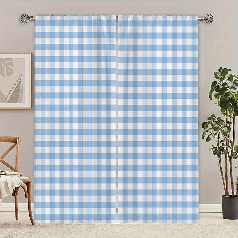 

2pcs Set Curtains - Checkered, Uv Polyester, For , , & Decor