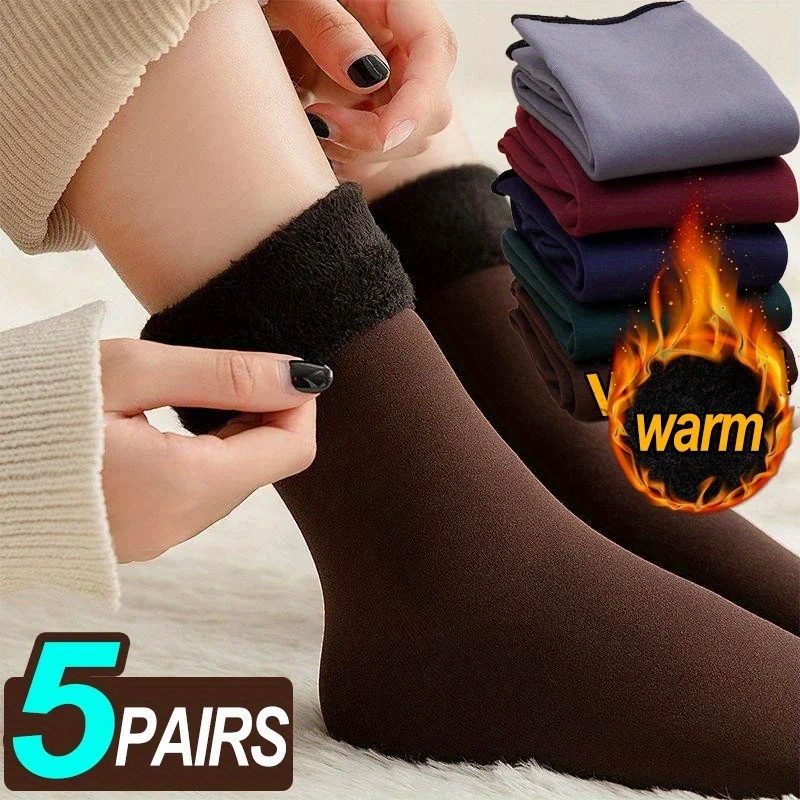 

Winter Fleece-lined Thermal Socks For Women – 5 Pairs Pack, Soft Polyester , Solid Color Velvet Stretchy Warm Socks For Fall/winter, Non-slip Machine Washable