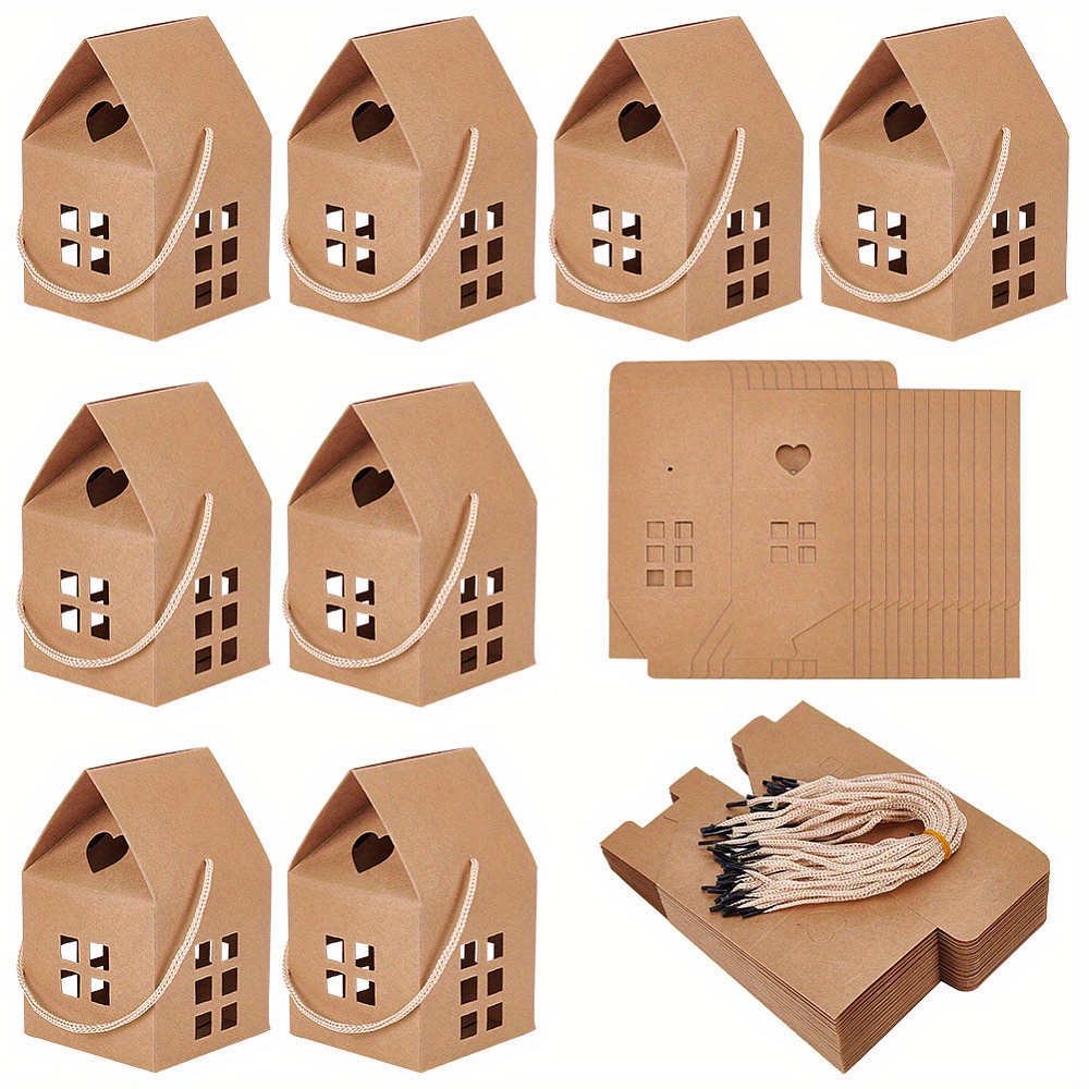 

30-pack Wheat-colored House-shaped Paper Gift Boxes With Handles - Cardboard Treat Bags For Weddings, Birthdays, Showers