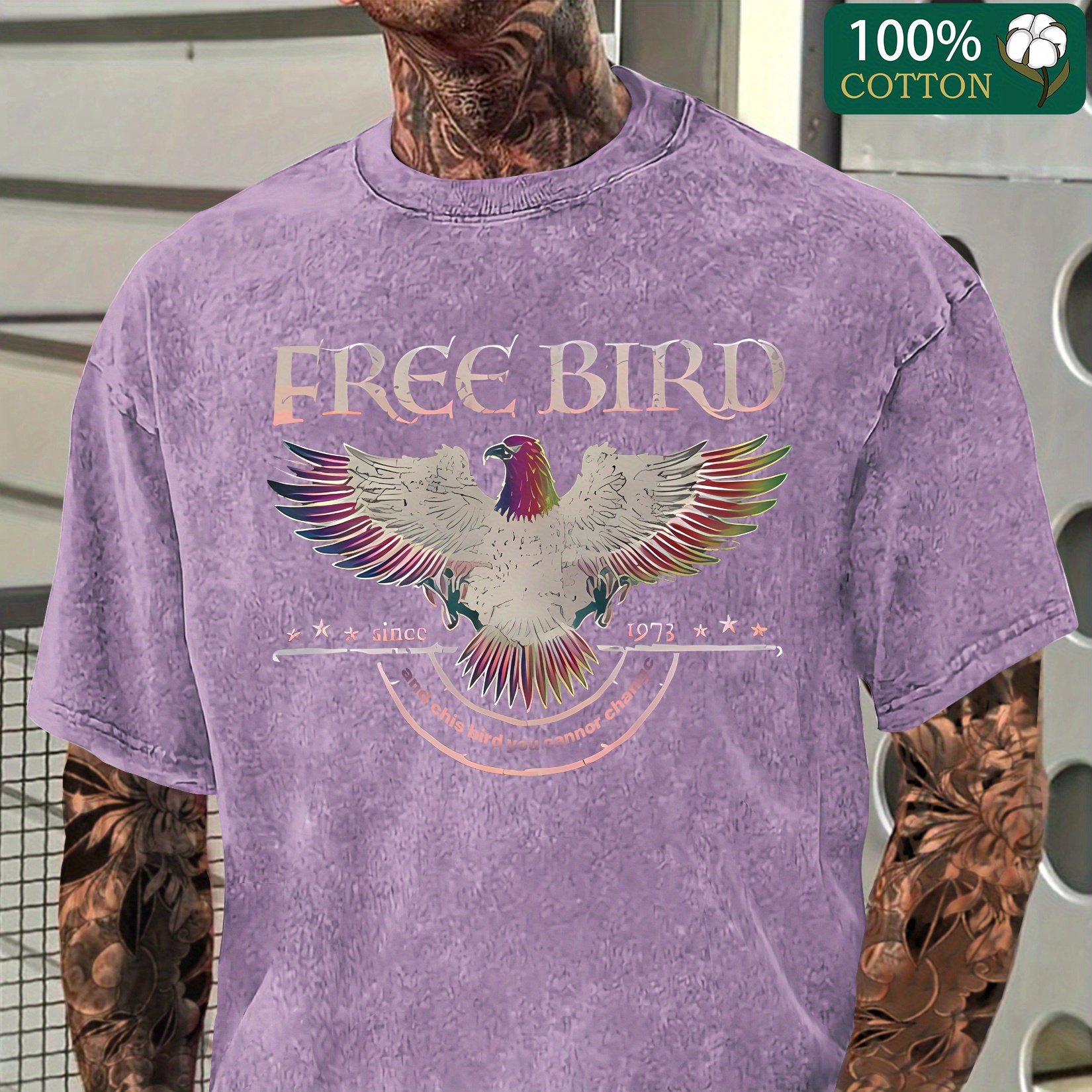 

free Bird, You Can't Change This Bird" Graphic Print, Boutique 230g Washed Distressed Batik Thickened Cotton T-shirt, Men's Fashion Casual Cotton T-shirt, Short Sleeve Crew Neck T-shirt