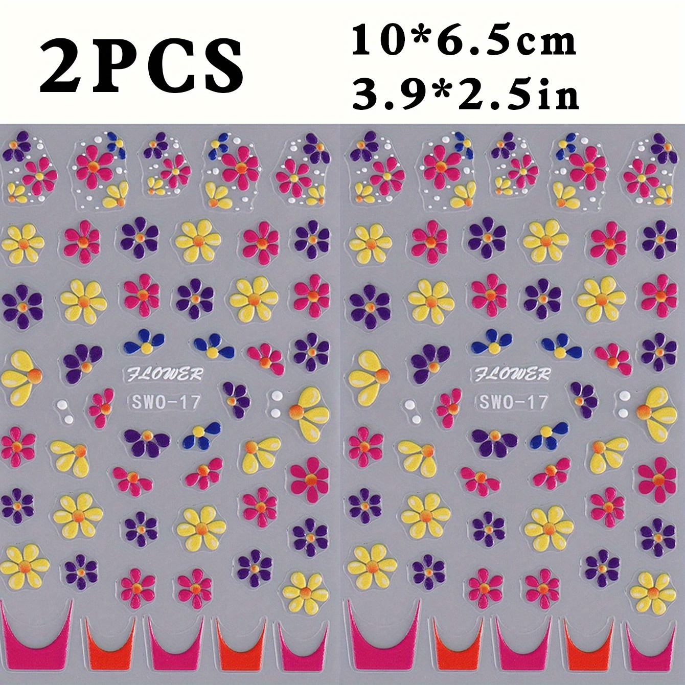 Image of 2pcs Colorful Flower 5d Embossed Nail Stickers French Floral Nail Art Design Summer Decals Adhesive Slider Summer Manicure Decor