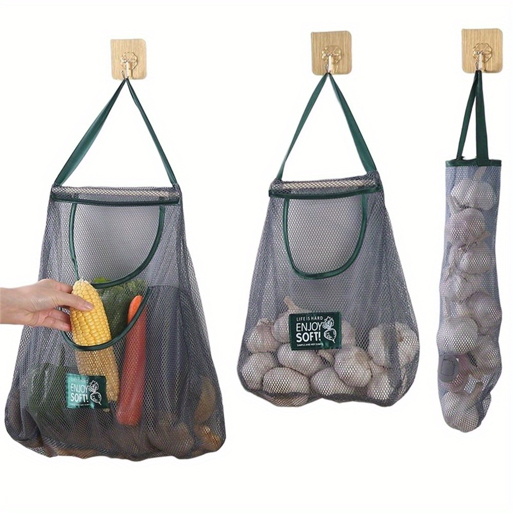 

Reusable Mesh Hanging Storage Bag - Breathable, Organizer For Kitchen Like Garlic, Ginger, & Fruits