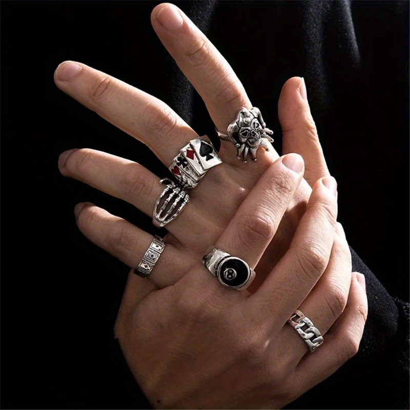 

Men's Punk-style 6-piece Ring Set, Silver Tone, Goth And Emo Inspired, Billiards And Accessories